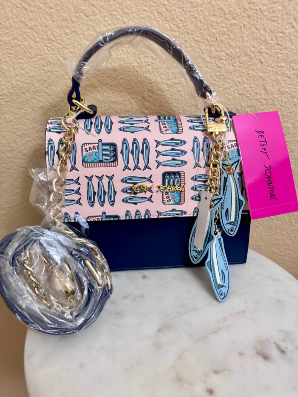 NWT BETSEY JOHNSON Spring Trendy Fun Sardine print Pink Navy crossbody bag charm